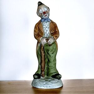 Vintage UCGC Clown Porcelain Bisque Figure 1960’s MCM Hobo Walking Stick Cane
